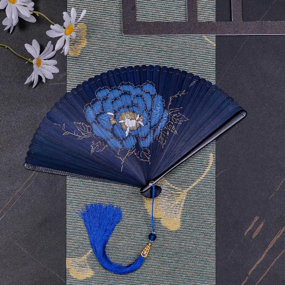 Chinesischer Stil Japanischer Klassischer Faltfächer Antiker Stil Schwarzer Faltfächer für Damen Handgefertigt Exquisite Handfächer