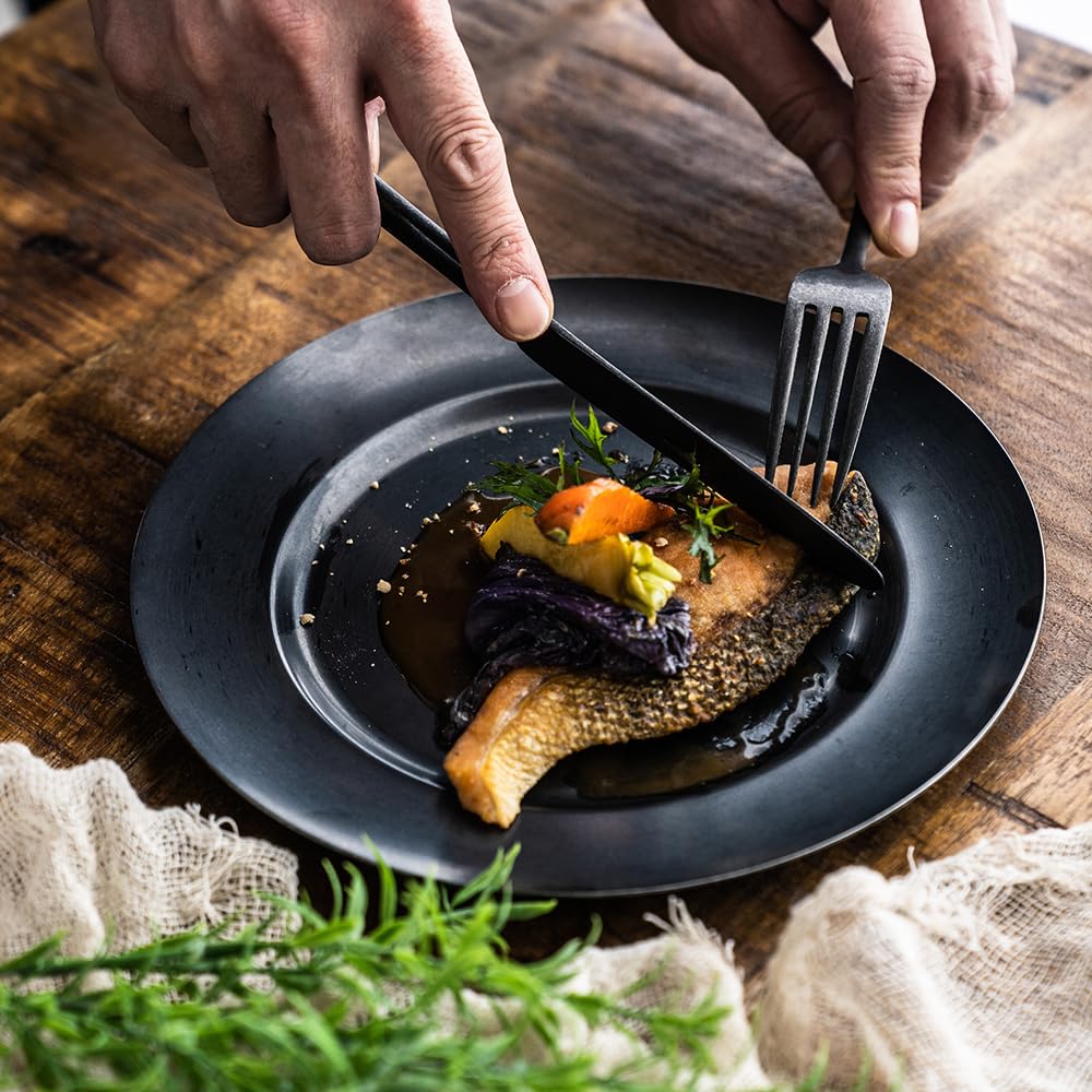 Black Vintage Inox Round Plate, 213mm, Made in Japan, Perfect for Cafes and Restaurants, Round Stainless Steel Plate with Aged Finish, Shatterproof,