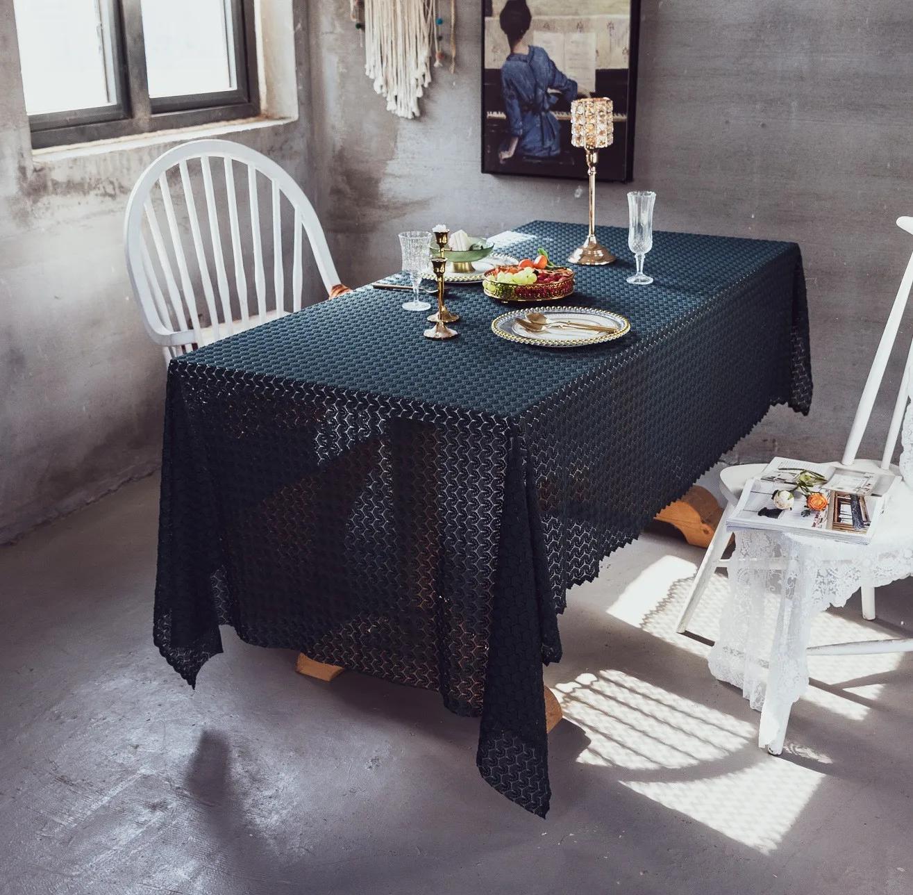 

French Retro Jacquard Hollowed Out Lace Tablecloth Long Table and Round Table Cover Cloth Wedding Decoration Table Cloth 100x150cm темно-синий