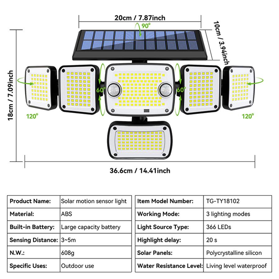 

366LED Solar Security Lights Outdoor Motion Sensor Super Bright Solar Lights Waterproof Solar Wall Light 3 Modes Patio Porch