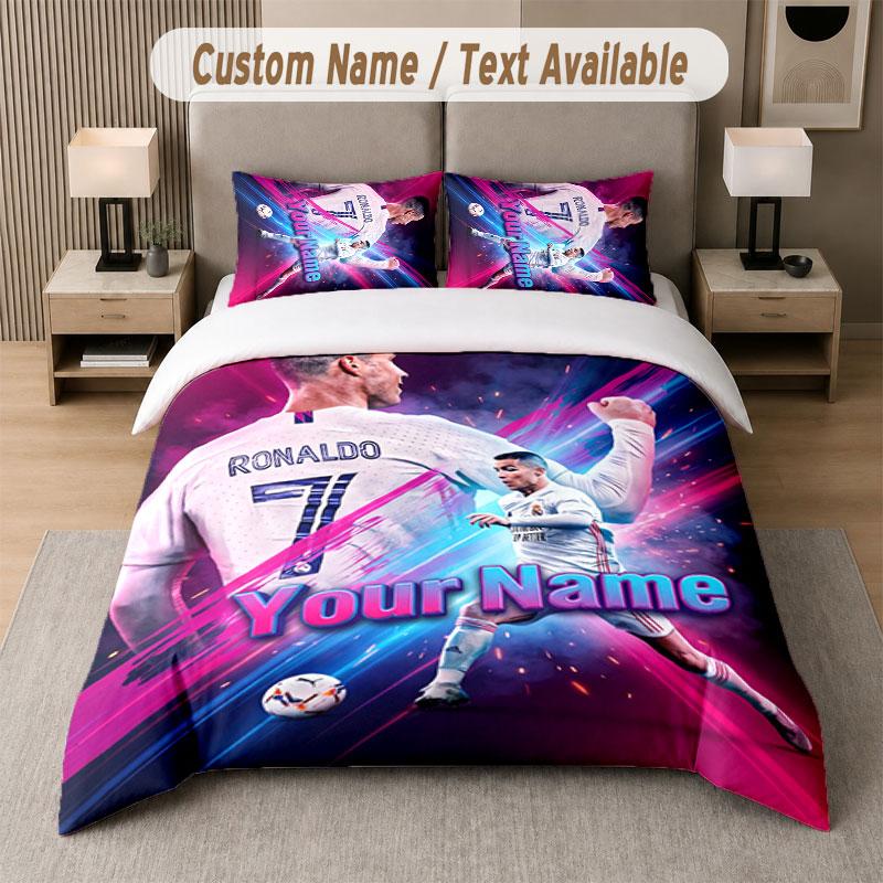 Set Biancheria da Letto Personalizzato Modello Cristiano Ronaldo, Stampa Nome Testo 1 Copripiumino più 2 Federe Tessile per la Casa