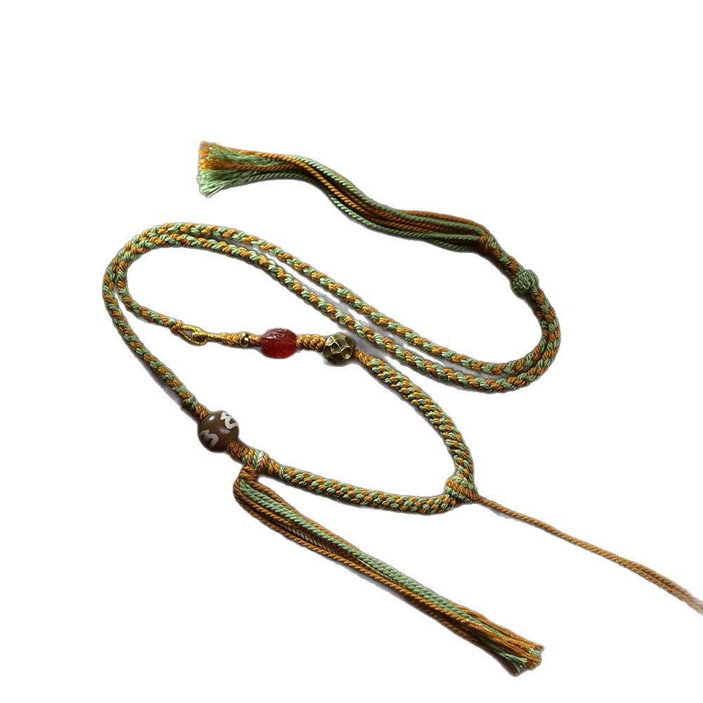Tibetan Handmade Adjustable Thangka Pendant Necklace with Dzi Bead and Amber Jade Cord