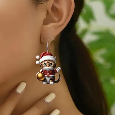 CAOSHI Christmas Hat Cute Cat Acrylic Dangle Earrings Newly Designed Christmas Jewelry Gifts for Women Aesthetic Ear Accessories
