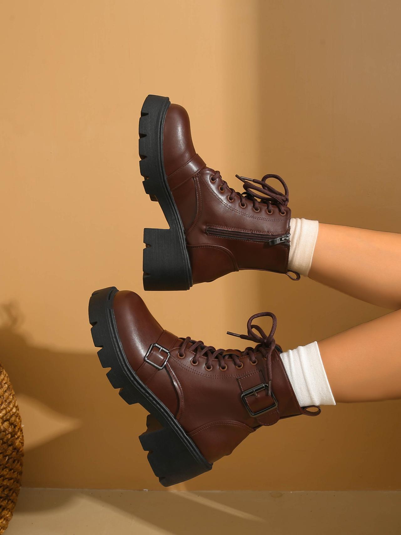 

Модные женские ботильоны Модные ботинки на шнуровке для женщин Удобные роскошные ботинки с ремешком и пряжкой Женские однотонные ботинки до середины икры на массивном каблуке 35 коричневый