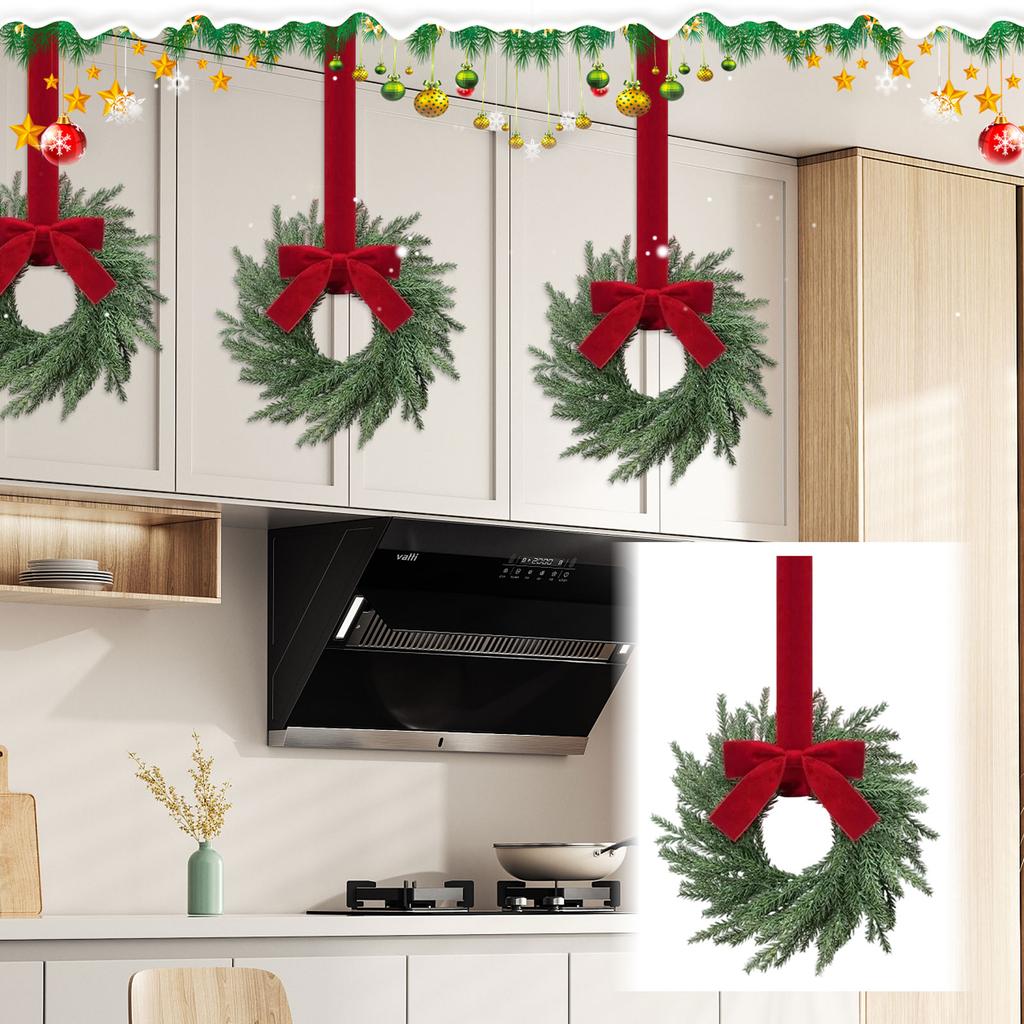 Christmas Kitchen Cabinet Wreaths With Plaid Bow Ribbon Hanging Cabinet Doors Wreaths Decorative For Kitchen Window Outdoor Indoor Holiday Decor