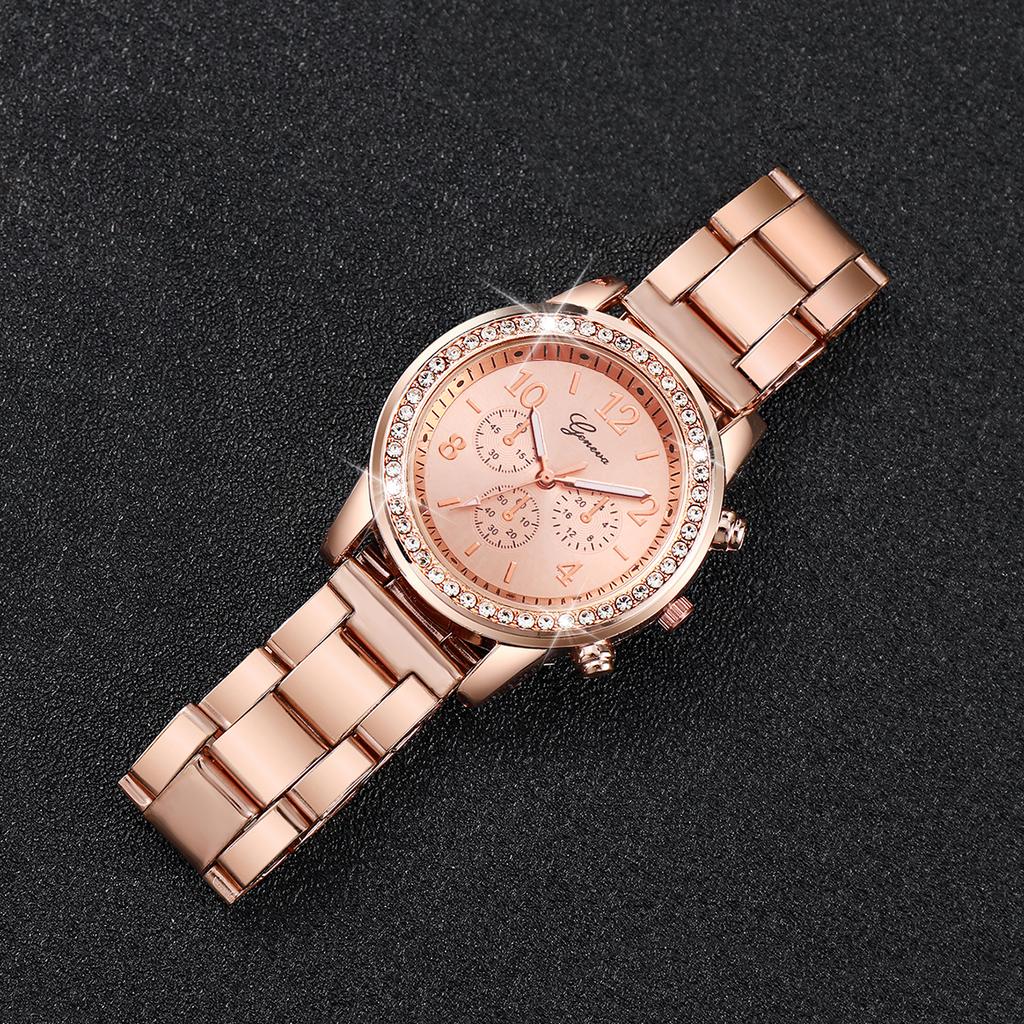 2PCs/Set Fashion Women's Stainless Steel Straps Watch Commuter Style Quartz Watch Bracelet Set Gold Rose Gold