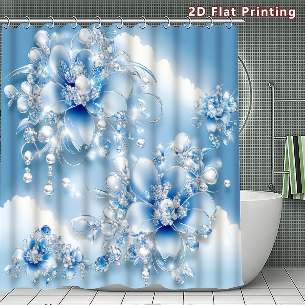 4Pcs Crystal Blossoms Shower Curtain Set with Non-Slip Bath Mat, Toilet Lid Cover, Contour Rug & 12 Hooks, Bathroom Decor
