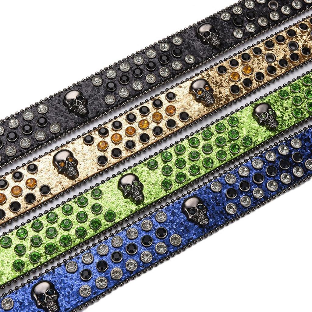 Adult Sequins Belt for Disco Party Waist Belt Rhinestones Skull Buckle Thin Waist Belt Street Cultures Enthusiasts Belt