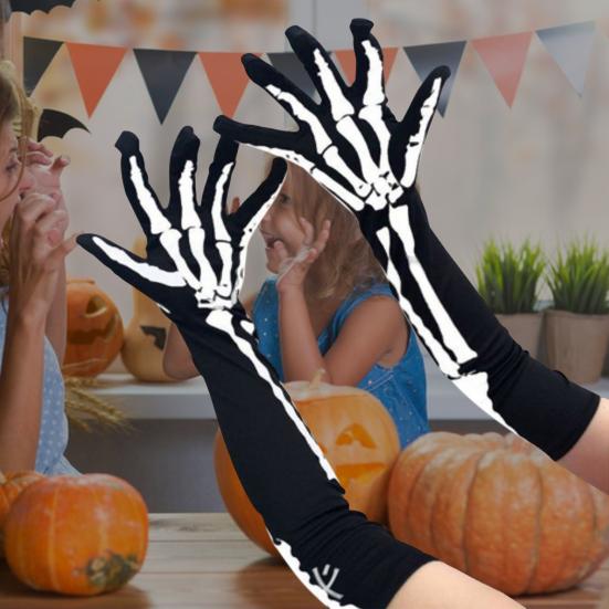 

1 Pair Halloween Gloves Colors Matching Full Fingers Horror Unisex Washable Trickery Breathable Scary Skeleton Print Children Halloween чёрный