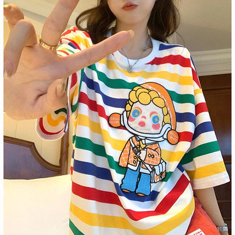 Sommerlich Verspieltes Regenbogenstreifen Cartoon Dreidimensionale Dekoration Locker Lässig Rundhals Kurzarm Oversize T-Shirt