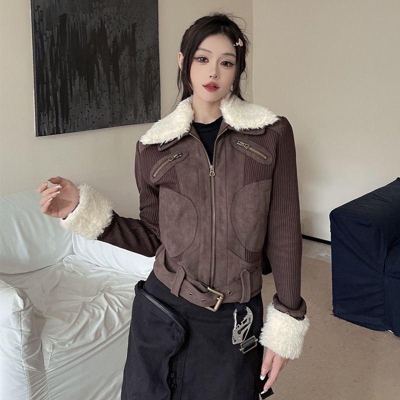 Y2k Fur Coat Women Vintage Harajuku Knitted Jacket Grunge Aesthetics Fur Collar Zipper Coat