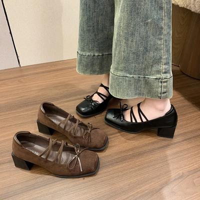 Zapatos de Salón Individuales Franceses 2025 para Mujer con Tacón de Bloque Hermoso Tacón Alto Vintage Zapatos Mary Jane con Lazo