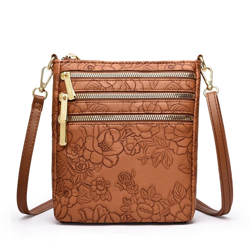 Stylish Embossed Floral Crossbody Bag for Women – Multi-Zipper Mini Shoulder Bag with Elegant Design