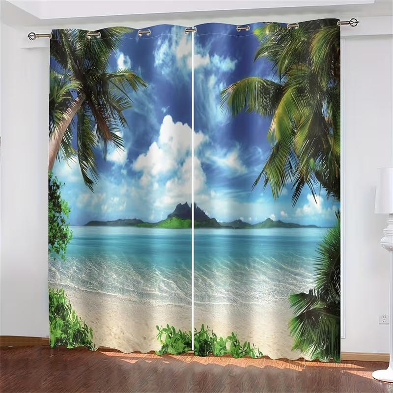 2 Pcs By the Seaside Print Curtains,suitable for Bedroom,living Room Kitchen Decoration,home Decoration,window Decoration