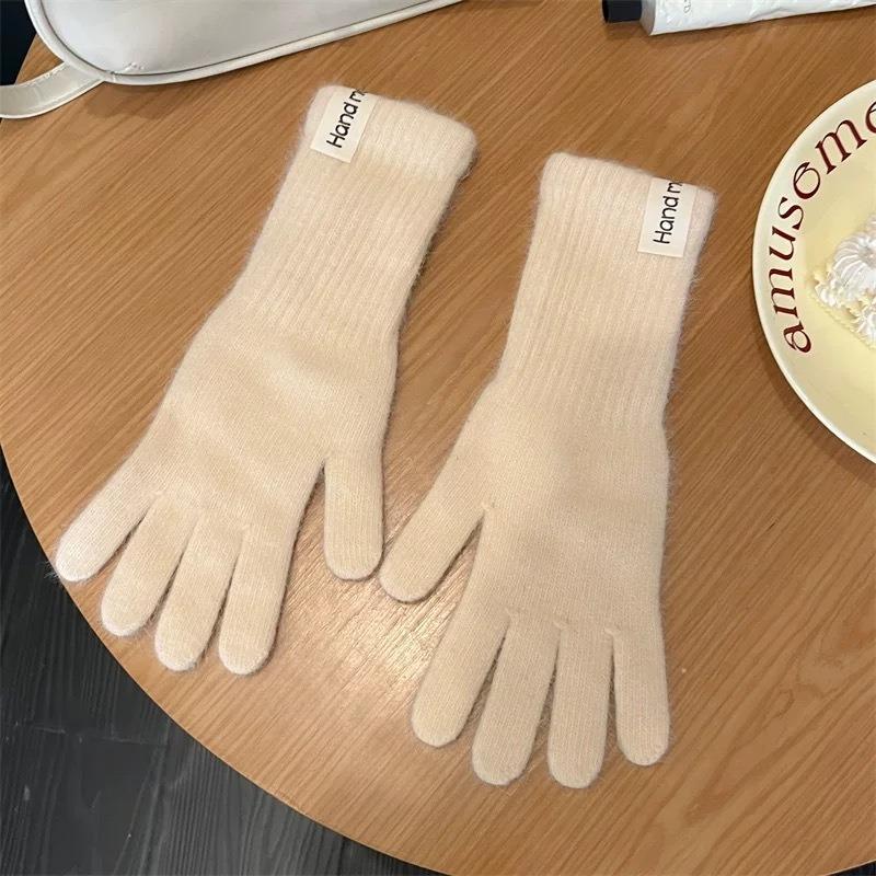 Extended rabbit fur blue knitted wool gloves for women's winter thickened warm riding