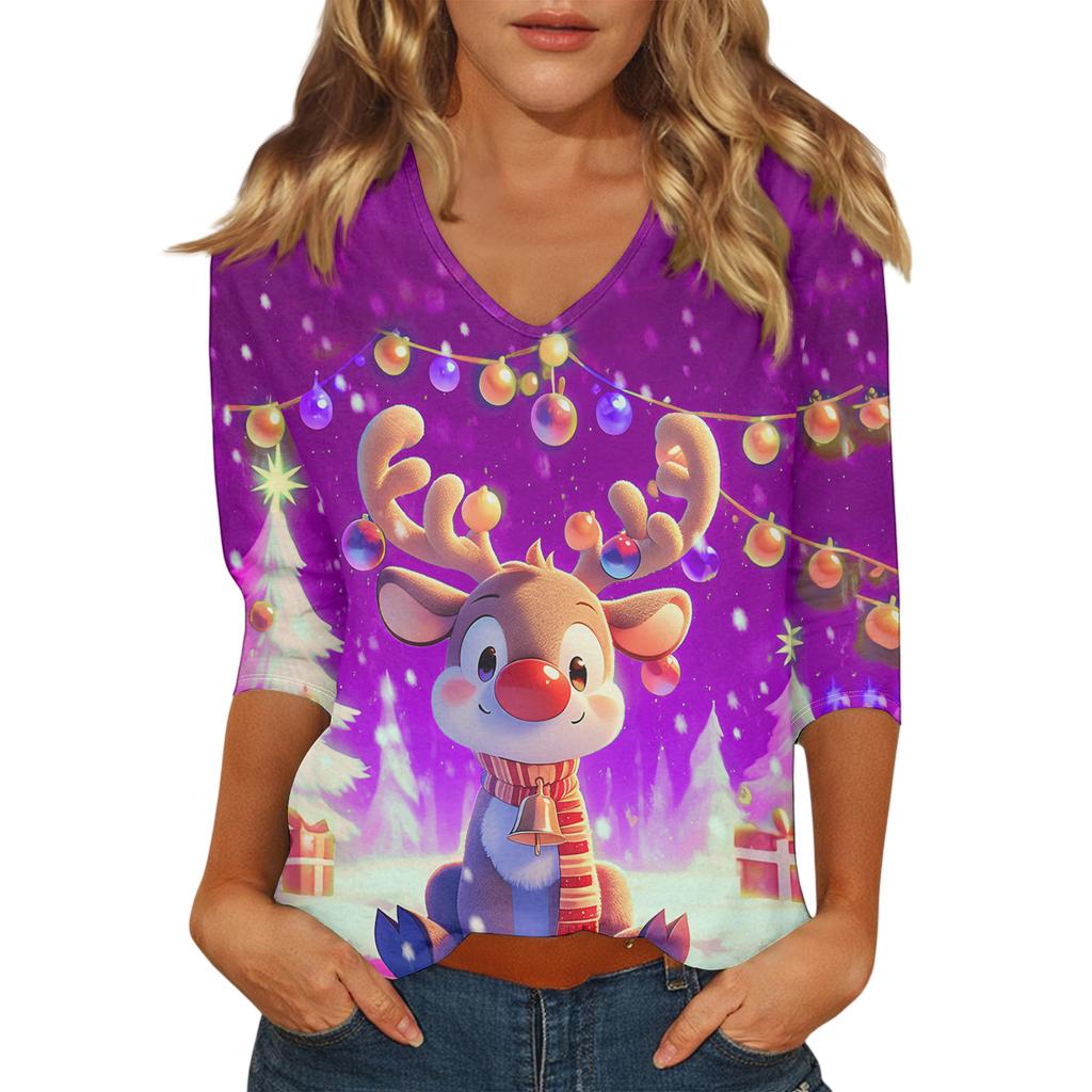 Dámský vánoční potištěný módní ležérní top se sedmiosminovými rukávy a výstřihem do V