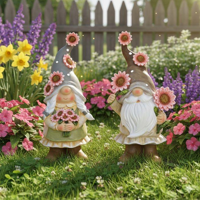 Lot de 2 décorations nains de jardin avec fleurs 23 cm