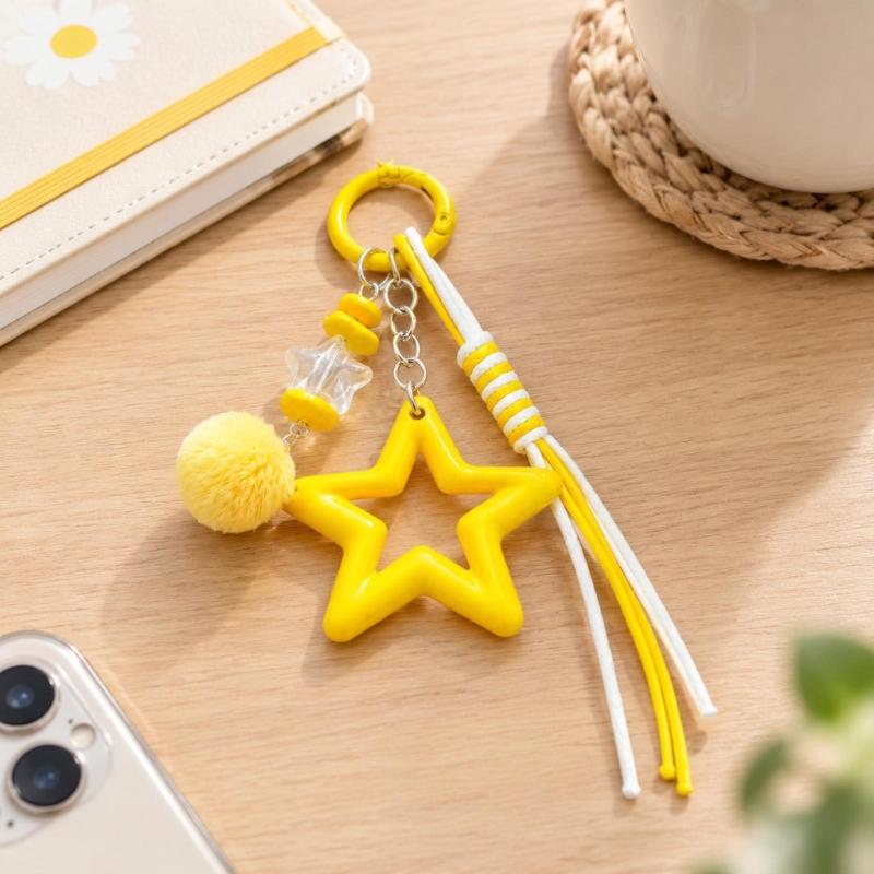 Star Keychain with Decorative Ball and Acrylic Charm, Spring-Gate Clasp and Cord Details for Keys, Bags, and Zipper Pulls