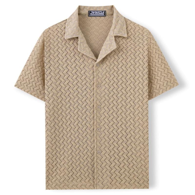 

Men Chevron Pattern Cuban Collar Short Sleeve Casual Button Up Shirt M хаки