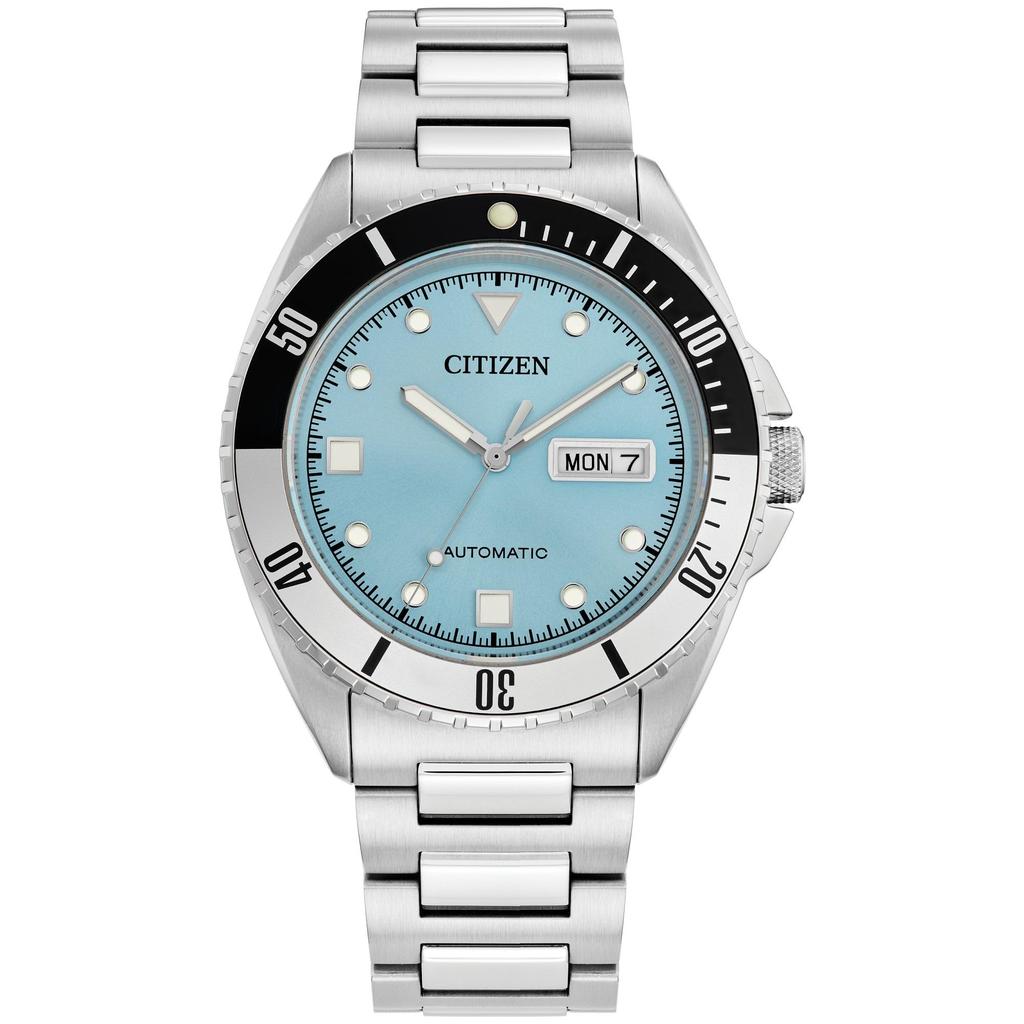 Citizen Automatic Stainless Steel Analog Watch with Light Blue Black and Silver Three Silver Band Men's Dial, Bezel, Hands, Day/Date (Model