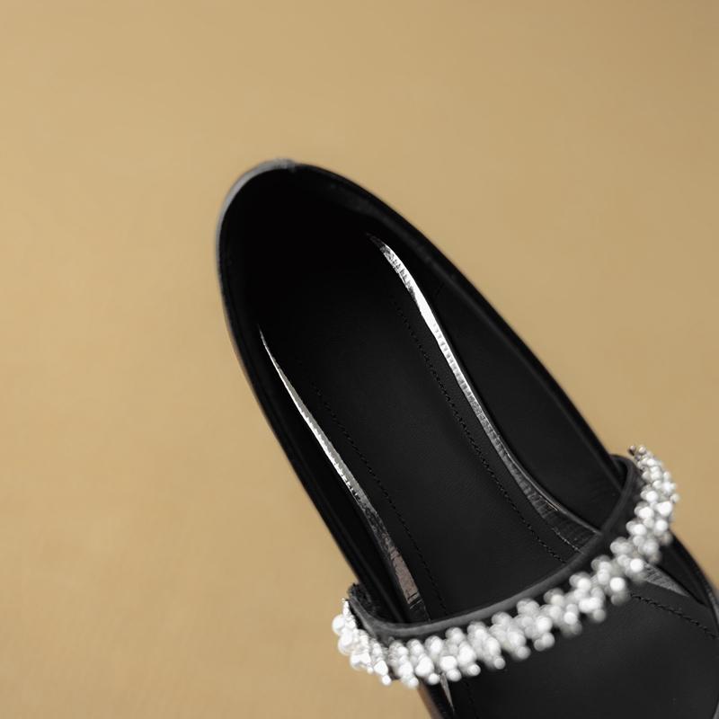 Fashion Women's New Leather Cowhide Spring and Autumn Square Head Diamond Pearl Belt Buckle Low Heel Mary Jane Work Shoes