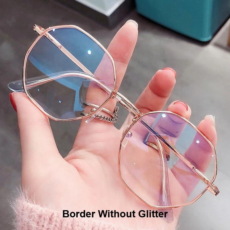 Oversize Square Plano Glasses for Women and Men Anti Blue Light Blocking Round Eyeglasses Shiny Glitter Frame Computer Eyewear