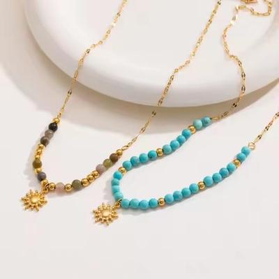 1pc Fashion Natural Stone Beads Splicing Necklace Jewelry Waterproof Trendy Charm 18K Gold Stainless Steel Sun Pendant Necklaces
