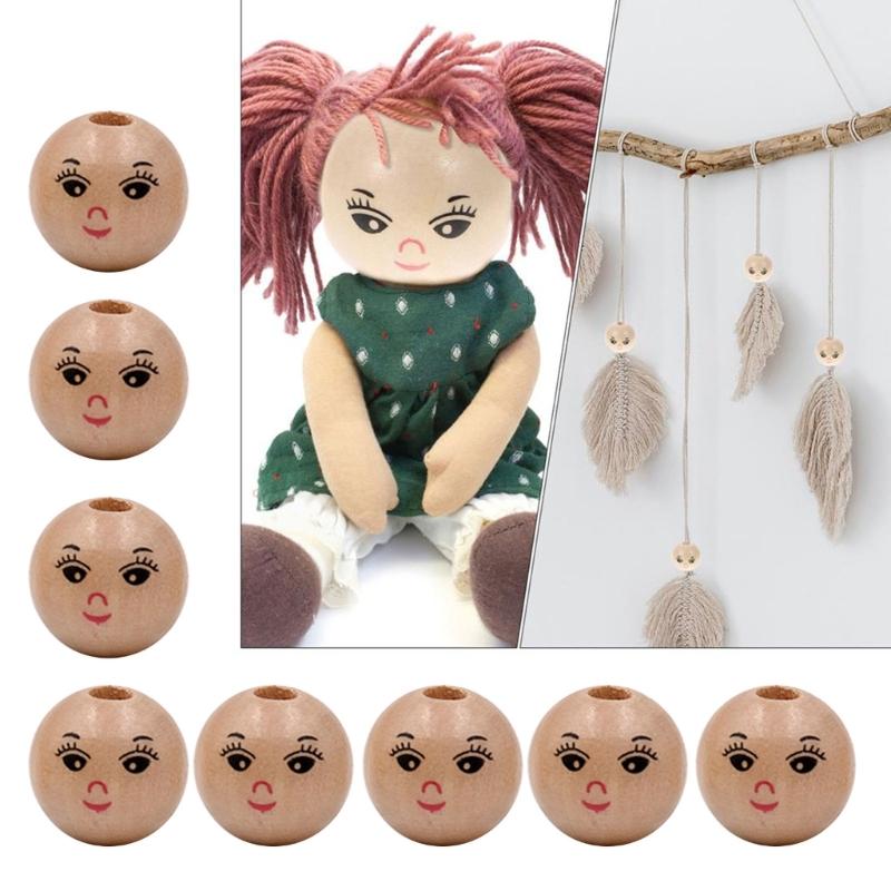 20Pcs/set Wooden Doll Head Beads for DIY Jewelry Making and Crafts Cute Smiling Face Loose Beads Wood Round Spacers