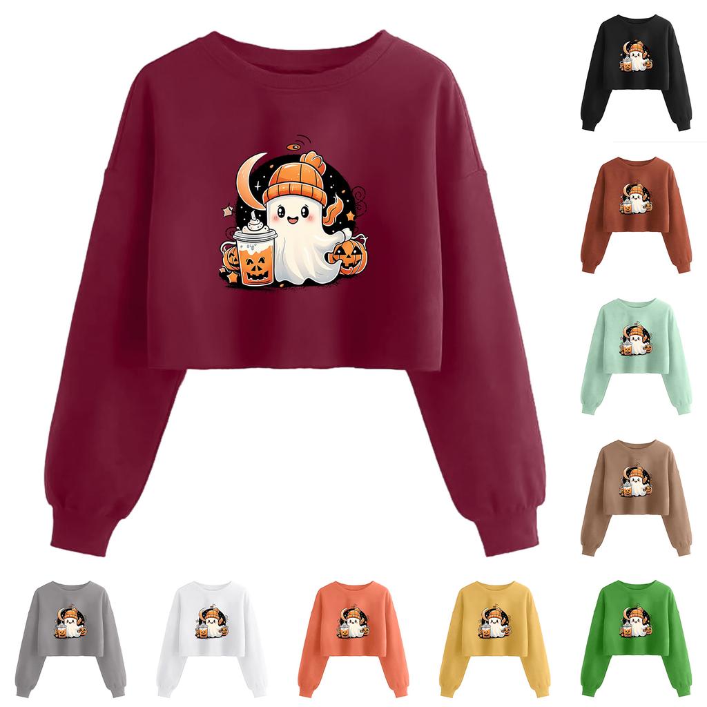 Women's Fashion Halloween Printed Navel-Exposed Long Sleeve Pullover Sweatshirt