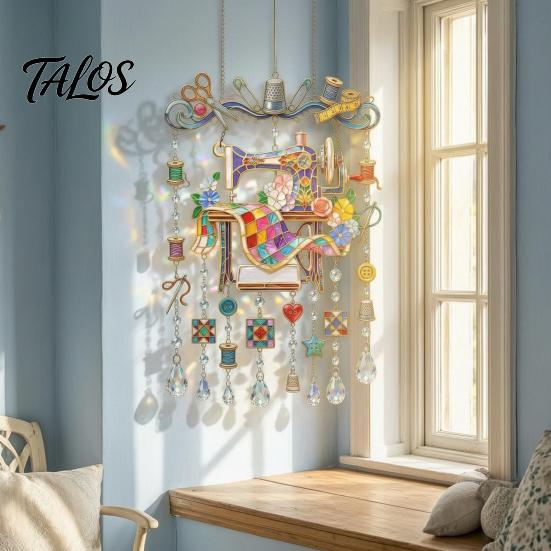 French Country Window Pendant Vintage Sewing Machine Crystal Wind Chime, Acrylic Outdoor Hanging Suncatcher, Unique Garden Chime Colorful Pendants for