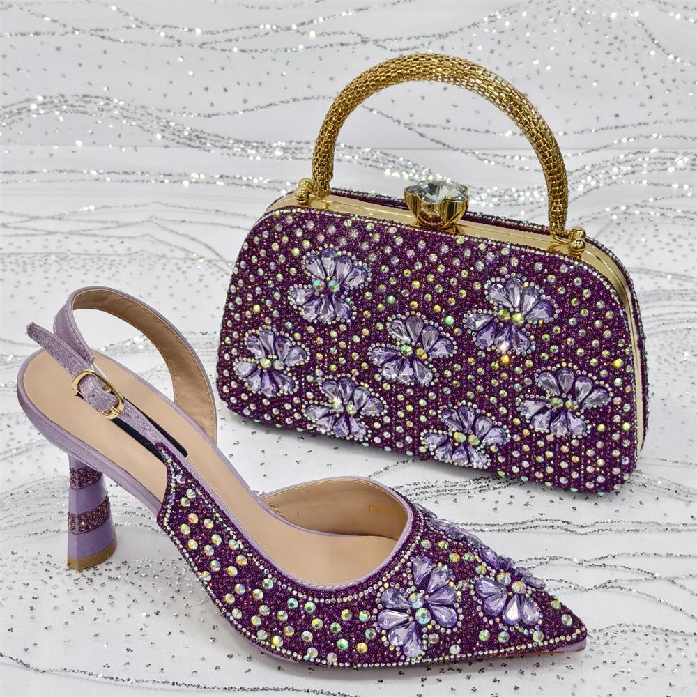 E-commerce Ladies' High Heels & Bag Set: Pointed Toe, Full Diamond Design, 3D Flower Accents, Matching Small Square Bag