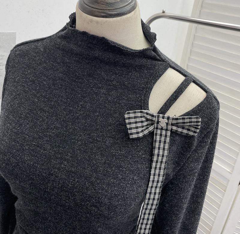 Korean Style Off-Shoulder Bow Slim Fit Long-Sleeve Women's Top