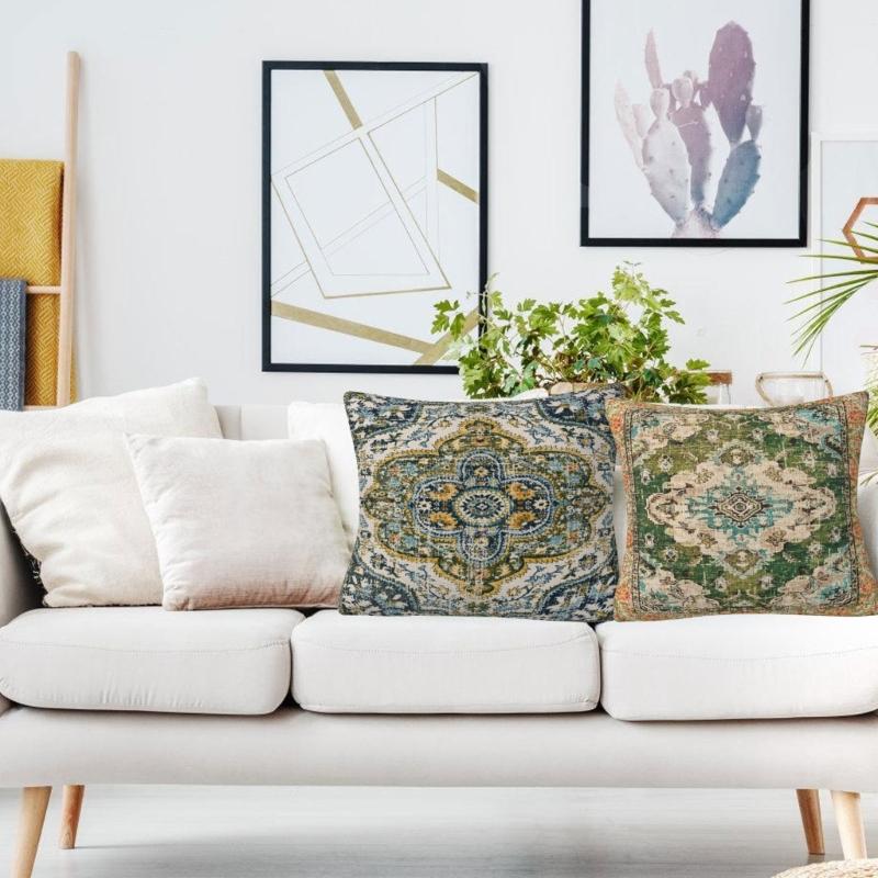 Set Of 2 Bohemian  Pattern Throw Pillow Case 18x18inch Soft Pillowcover for Indoor and Outdoor Use