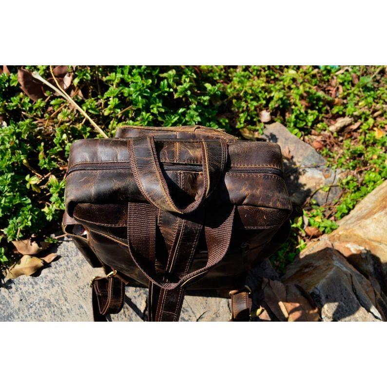 17" Leather Backpack, Travel Rucksack, Vintage Laptop Bag, Hiking School College Backpack, Outdoor Shoulder Daypack for Men Women