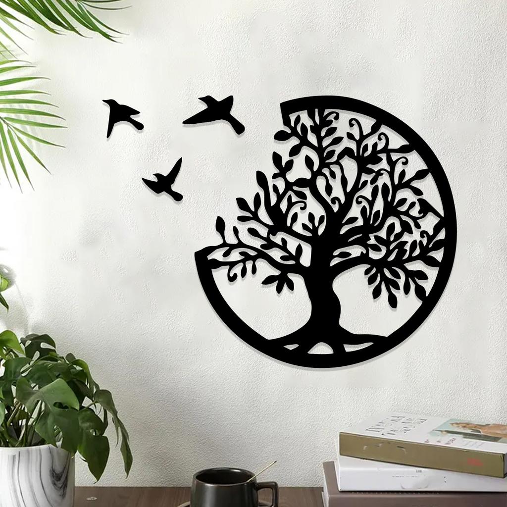 Boho Tree Of Life Black Wooden Wall Hanging,3 Birds Wall Art Decor,Round Hanging Ornaments,Indoor Crafts,Witchy Home Decorations