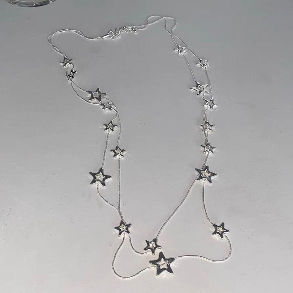 New Alloy Pentagram Star Pendant Silver Color Punk Long Chain Necklace Double Layer Y2K Style Choker