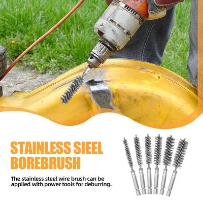 1/6Pcs Stainless Steel Steel Bore Brush With Handle 1/4 6.35mm Hex Shank Twisted Wire Borebrush 8-19mm Washing Polishing Tools