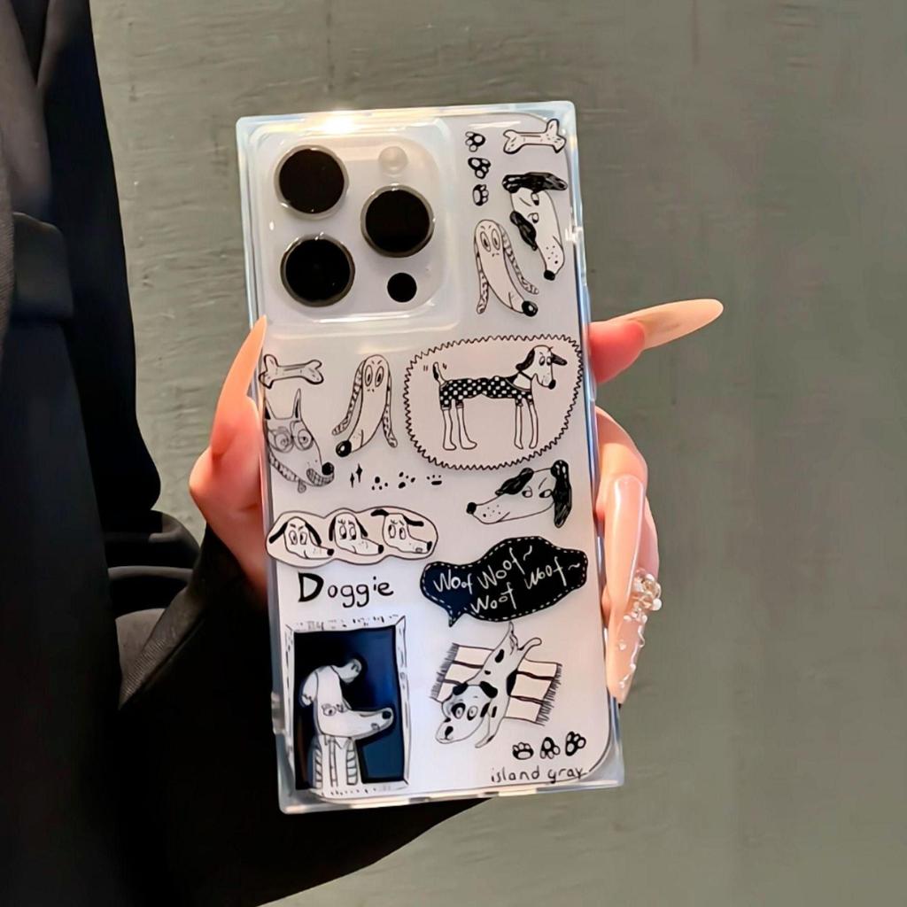 Square Black and White Hand-painted Puppy for iPhone 16/15 Pro Max Phone Case 14 Plus Transparent 13 Cross-border 12 11 Soft
