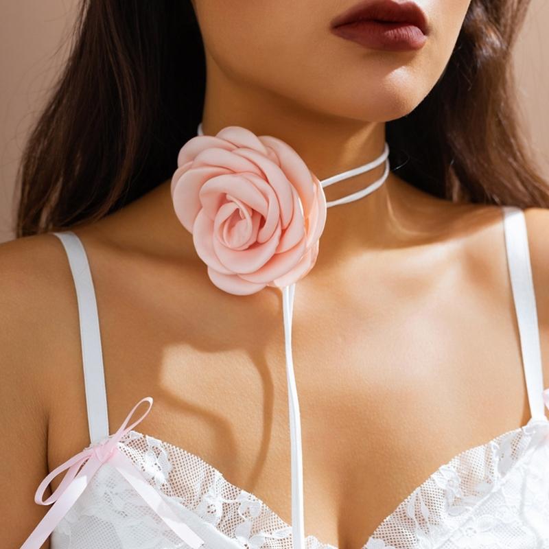 Fabric Flower Tie Choker Necklace Long Rope Lock Collarbone Chain Fashion Neck Decoration Fabric Floral Tie-Up Choker
