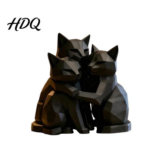 Animal Shape Sculpture 3D Printed Black Cat Figurine Three Hugging Geometric Statue