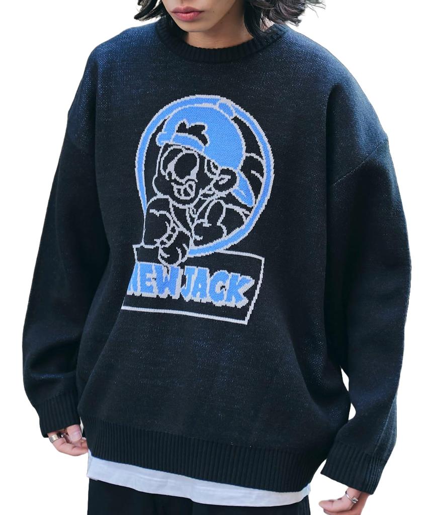 WEGO New Jack Jacquard Knit Pullover Oversized Casual Size Black Men's Top, Unisex, Silhouette, Spring/Autumn/Winter Streetwear, Gift, L,