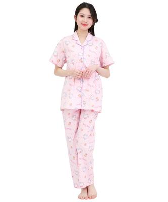 SAZAC Sleepy Hello Kitty Shirt Cotton Short Sleeve and Long Pants Set Pajamas, 100% Broadcloth, Women's (Pink/M/SAN1945)