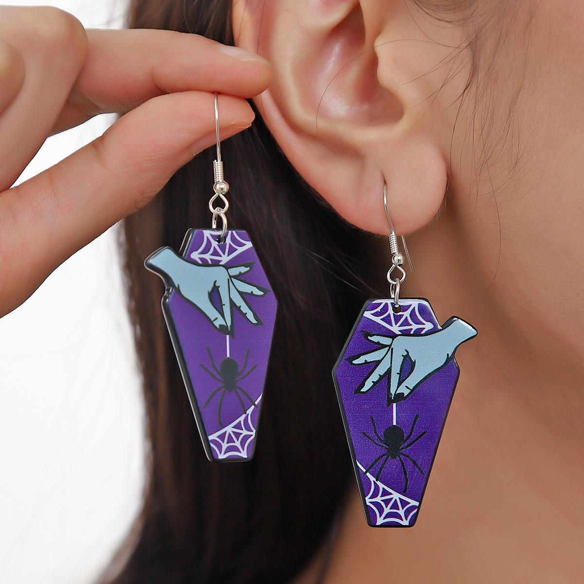 European-American Graffiti Coffin Earrings: Dark Spider & Rose Acrylic Dangles