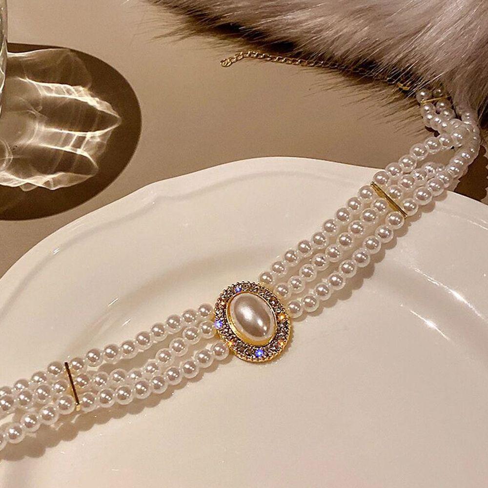 Temperament Triple Layer Pearl Women Necklace Rhinestones Jewelry Accessories Korean Style Choker