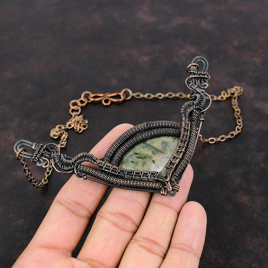 Moss Prehnite Necklace Copper Wire Wrapped Necklace Handmade Adjustable Chain Necklace Copper Jewelry Wire Wrapped Gemstone Jewelry For Gift