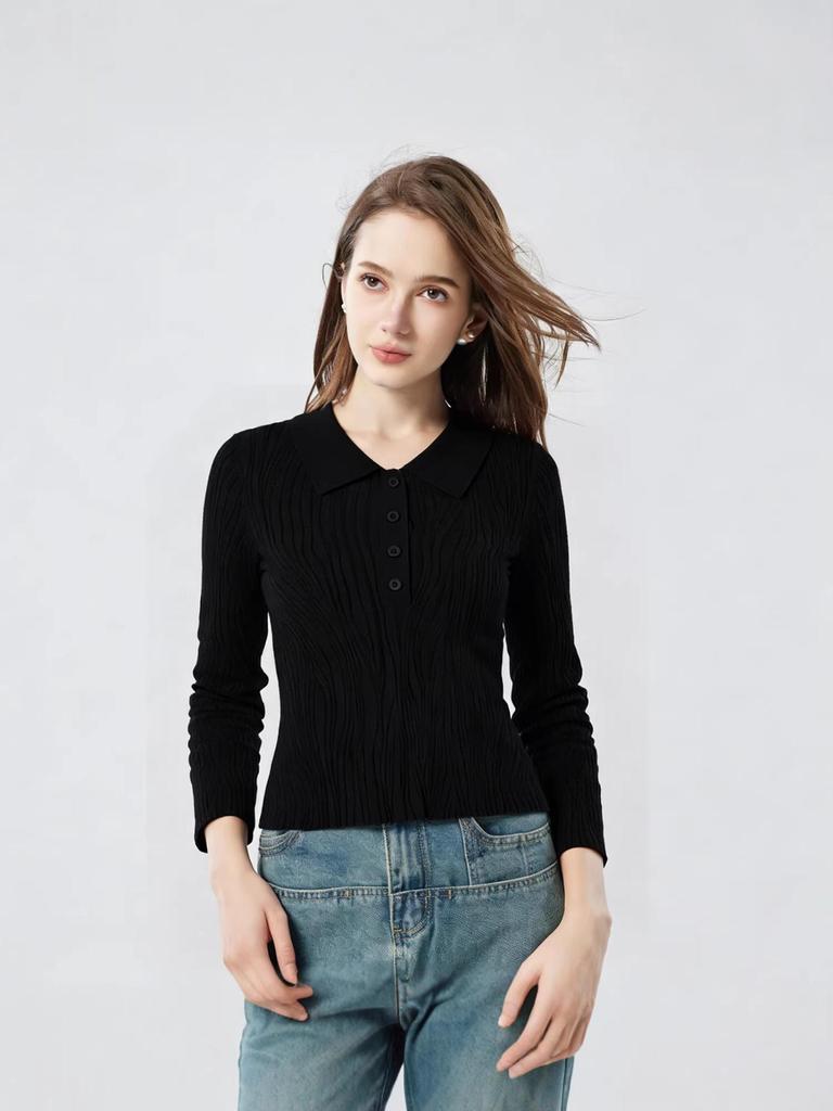 Yangtze Yarn 100% Wool Women's Wave Pattern Long Sleeve Polo Collar Sweater