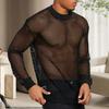 Yousheng Men Mesh Top Ultra Thin See-through O Neck Long Sleeves Solid Color Stretchy Loose Fit Muscle-Enhancing Party Homewear Club Dance Performance