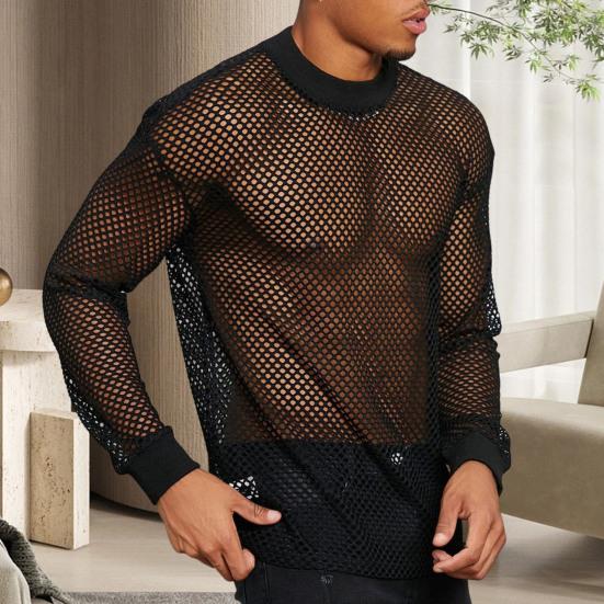 Yousheng Men Mesh Top Ultra Thin See-through O Neck Long Sleeves Solid Color Stretchy Loose Fit Muscle-Enhancing Party Homewear Club Dance Performance