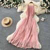 Elegant Beaded Studded Halter Strapless A-line Loose Dress for Women Sweet Pink Sleeveless Lace-up Pleated Dress Holiday Summer Dress