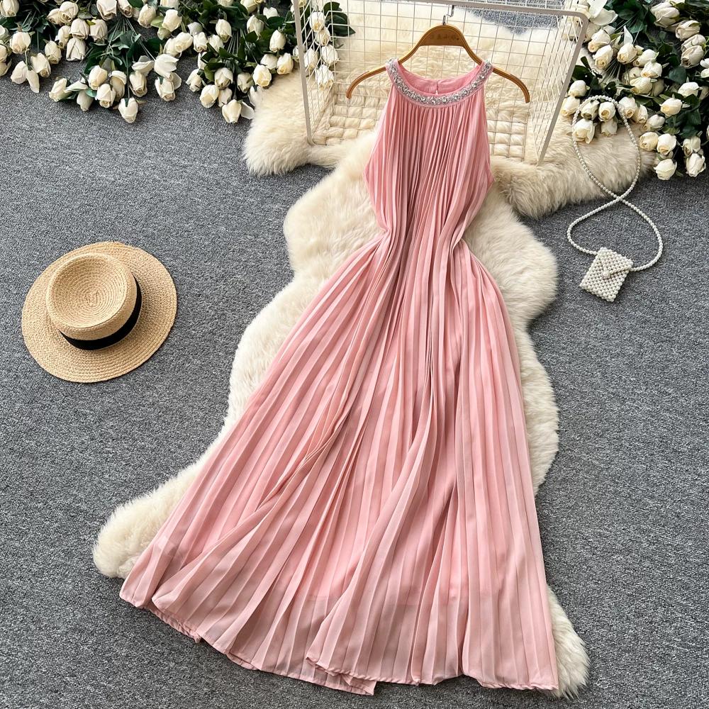 Elegant Beaded Studded Halter Strapless A-line Loose Dress for Women Sweet Pink Sleeveless Lace-up Pleated Dress Holiday Summer Dress